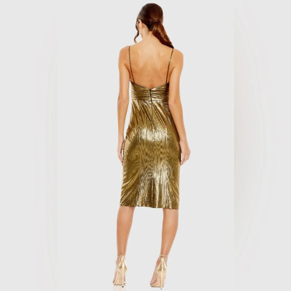 NWT Mac Duggal Metallic V Neck Midi Dress Size 4 Antique Gold - Picture 3 of 10